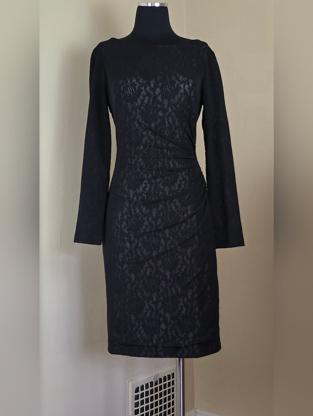 Ralph Lauren Black Knit Lace Mesh Fitted Long Sleeve Sheath Dress 6